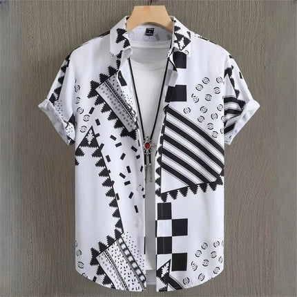 2026 Summer Men's Short-Sleeve Shirt with Asymmetrical Print Hawaiian-Style Collar Plus Size Casual Men's Wear