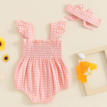 FOCUSNORM 0-18M Lovely Baby Girls Summer Romper Outfits Fly Sleeve Plaid Print Ruffles Boknot Jumpsuits with Headband