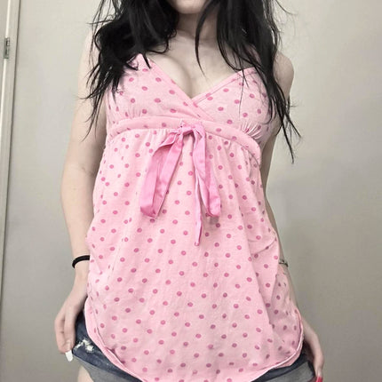 SUCHCUTE Chic Sweet Cute Polka Dot Print Bow Lace-up Camisole Women V Neck Sleeveless Crop Top Y2k Streetwear Slim Tanks Summer