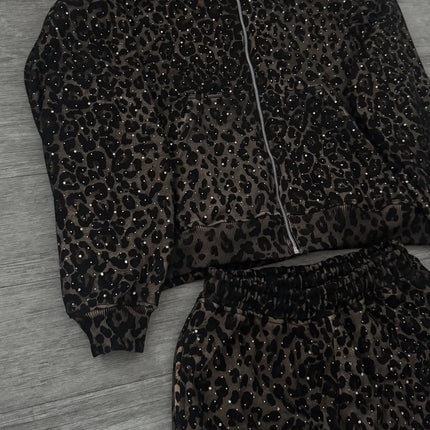 Leopard Print Rhinestone Zip Up Hoodie & Wide Leg Pants Set Women 2026 Loose Fit Y2K Streetwear Two Piece