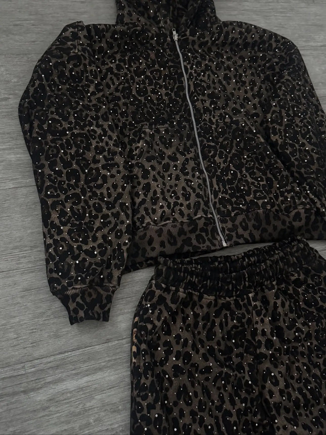 Leopard Print Rhinestone Zip Up Hoodie & Wide Leg Pants Set Women 2026 Loose Fit Y2K Streetwear Two Piece