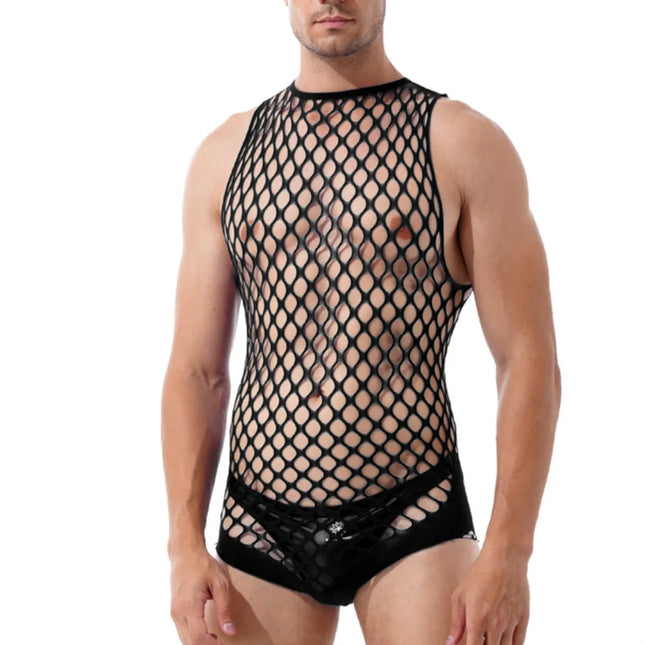 Men's Sexy Lingerie Fishnet Bodysuit Hollow Out Underwear Mesh Sleeveless Bandage Jumpsuit Guy Erotic Party Nightclub Wear