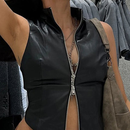 Sexy black zipper leather crop top women clothing summer body PU tank tops woman vintage gothic clothes streetwear top outfit