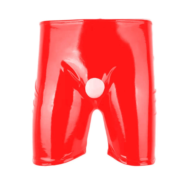 Men's Sexy Open Crotch Leather Short Pants for Sex, Glossy Latex Bodycon Crotchless Patent Leather Boxer Sexy Bottom Underwear