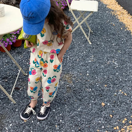 2026 Summer Children Girls 2PCS Clothes Set Cotton Floral Printed Short Sleeve Tees Suits Loose Cropped Pants Kids Girls Outfits
