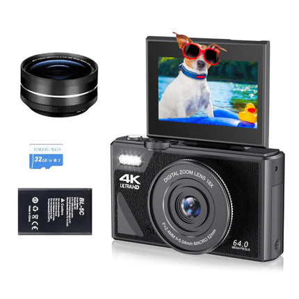 4K Digital Camera for Photography 64MP WiFi Video Camera for YouTube 18X Digital Zoom Auto-focus Vlog Cameras with Flip Screen