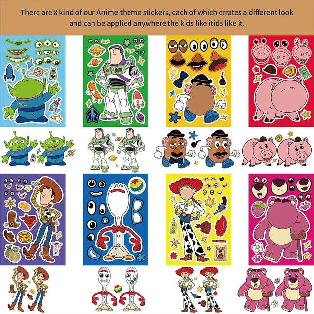 16Sheets Disney Toy Story Puzzle Stickers Game Make a Face Children DIY Toys Secret for Bottle Travel Bag Aesthetic Decals