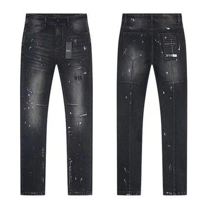 2026 RTA Men's Slim Fit Jeans Collection Distressed Ripped Paint Splatter Studded Patch Vintage Washed Streetwear Fashion Pants