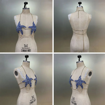 Handmade crystal bra with diamond star pattern stitching, gold chain-wrapped chest, hollow, sexy, for women, island honeymoon resort