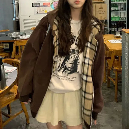 Brown Zip Up Hoodie Women  Autumn Lattice stitching Long Sleeve Casual Oversized Sweatshirt Solid Jacket Women Clothing
