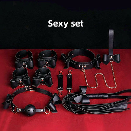 Elegant SM Bowknot Bondage Set Delivers Collar Leash Gag Handcuffs Ankle Cuffs And Whip For Sensual Roleplay Costume Exploration