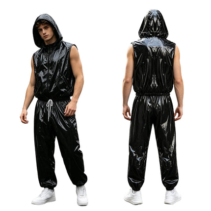 Men Waterproof Glossy Jacket Tops with Jogging Pants Hip Hop Dance Dancewear Outdoor Activities Raincoat Windbreak Streetwear