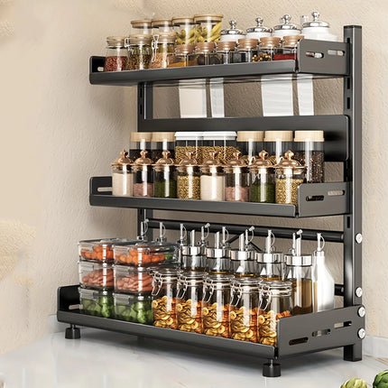 Versatile 2-Tier Carbon Steel Spice & Utensil Rack - Must-Have Countertop Storage for Kitchen Desk Organization