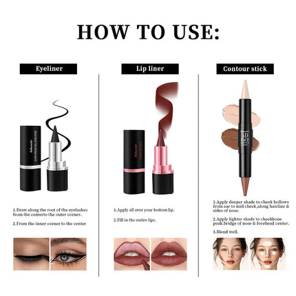 5D Perfect Makeup Set With Contouring Stick Eyeliner And Lipstick Easy Coloring Sweat-proof Long Lasting Daily Makeup Set