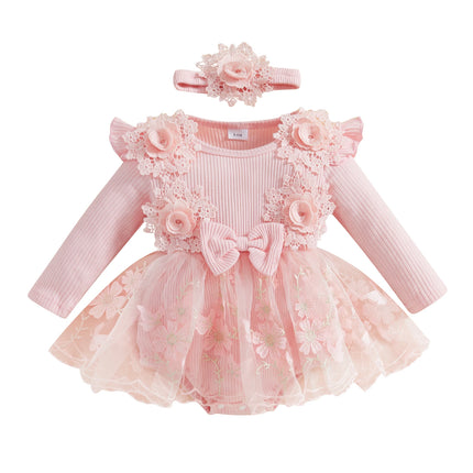 Pudcoco Baby Girls Romper Dress Mesh Lace Patchwork Long Sleeve Jumpsuits and Cute Headband Set for Toddler Infant 0-12M
