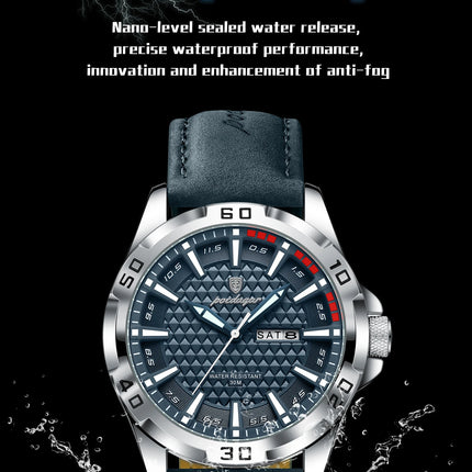 POEDAGAR Top Fashion High Quality Men's Watch Waterproof Luminous Date Week Watch for Men Leather Military Men's Quartz Wristwatch