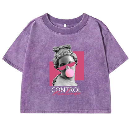 A Sculpture Of A Woman Blowing Bubbles Print Women Washed T Shirt Cotton Casual  Short Sleeve Crop Top Street All-Match Tee