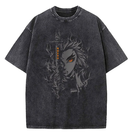 Japanese Anime Demon Slayer Printed Washed T-shirt Men Manga Casual T-shirts Harajuku Male Cotton T-shirt