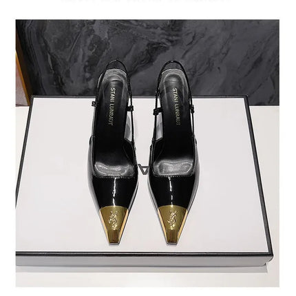 Runway Fashion YS Metal Square Toe Stiletto Heels Women's Baotou Sandals Black Pumps Color Block Glossy Design Shoes Luxury Shoe