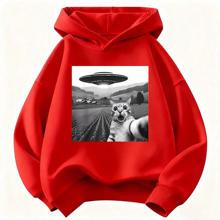 Funny Casual Ufo Cat Children's Sweatshirt Cute Harajuku Hoody for Boys Girls Autumn Spring Casual Hoodies