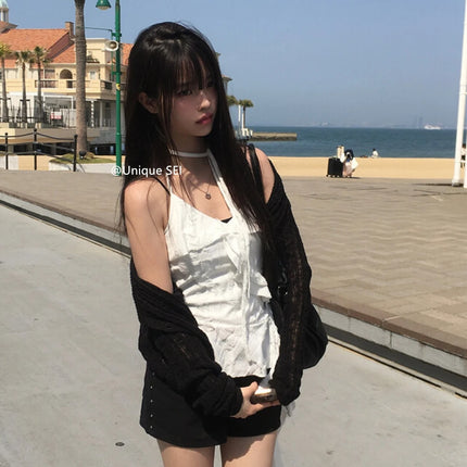 Unique SEI Korean Style Summer Irregular Lace Trim Splice Slimming Strap Top Rivet Denim Shorts Women's Commute Straight Leg Fit