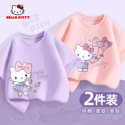 (2 Pieces Per Pack) Sanrio Summer Baby Girls 100% Cotton Clothes Kid Children Girl Hello Kitty Printed T-shirts Short Sleeve Top