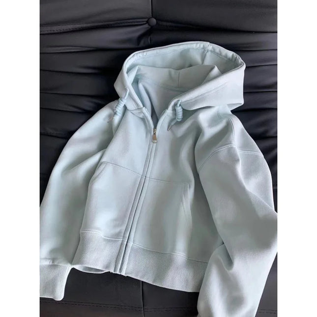 Short Hooded Zip Up Sweatshirt Jacket Women Casual Open Front Top