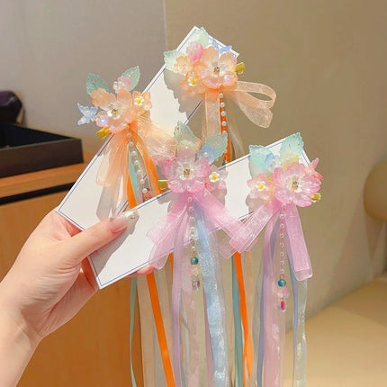 Fairycore Floral Hair Clips with Ribbons & Tassels - Traditional Chinese Hair Accessories for Hanfu | Gift for Girls