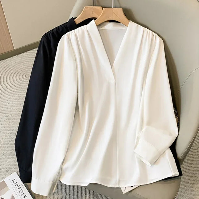2026 Spring Autumn Long Sleeve Big Size Women Shirts Office Lady V-Neck Solid Color Blouses Elegant and Youth Woman Tops