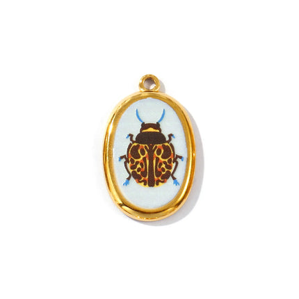 2 Pcs 304 Stainless Steel Insect Charms Oval Printed Ladybug Beetle Bird Butterfly 18K Gold Plated Pendants For DIY Necklace