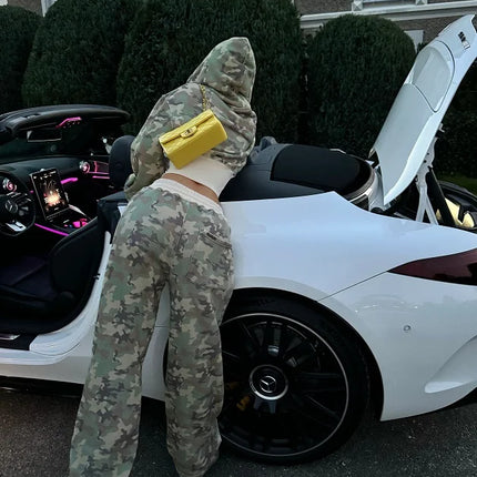 Women's 2-piece tailored camouflage hoodie sweatpants Casual long-sleeved zipper jacket Hip Hop Sweatshirt Sports Y2K sweatwear