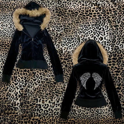 Retro Hot Girl Style Fur Collar Slim Fit Solid Color Wing Pattern Zipper Hoodie Coat Women's Autumn and Winter Design Streetwear