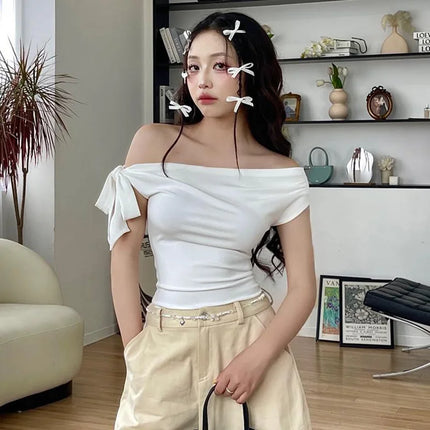 2024 Women's Summer Ins Style New Shrink Pleated One-Shoulder Crop Top Backless Twist Tie Asymmetric T-Shirt Casual Top