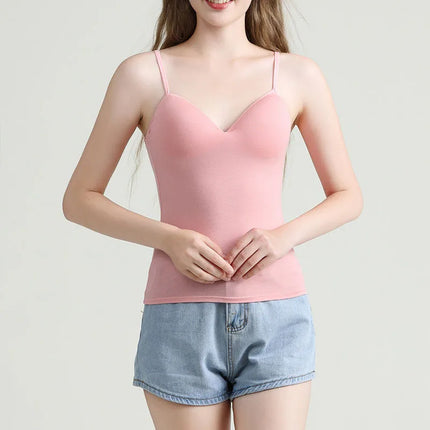 Sexy Women Crop Tops Padded Spaghetti Strap Tank Top Women Built-in Bra Off-Shoulder Camisole Seamless Tank Lingerie Underwear
