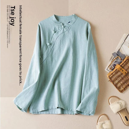 Retro Artistic Women's Long Sleeve Cotton Linen Loose Slim Fit Shirt Stand Collar Side Button Geometric Pattern Elegant Style