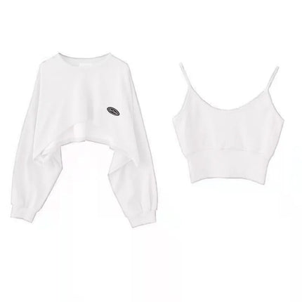 Oversized Crop Sweatshirt and Spaghetti Strap Top Women's Streetwear 2 Piece Set 4 Color Options Sweatshirts Kpop Casual Clothes