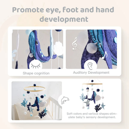Blue Whale Baby Crib Mobile Newborn First Toy Non Woven Fabric Bamboo Ring Shape Cognition Auditory Development Nursery Decor