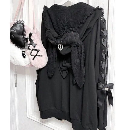 Winter Sweet Cute Rabbit Ears Lolita Coats Women Casual Fashion Bandage Lace Oversized Sweatshirt Y2k Harajuku Hooded Jackets