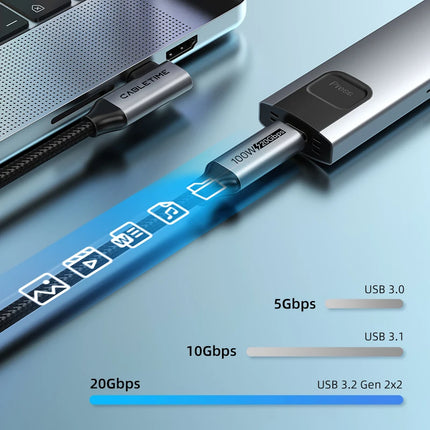 CABLETIME USB C to USB C Cable USB 3.2 Gen 2 20Gbps 90 Degree PD 100W 4K 60Hz Video Fast Charging for iPhone 16 Macbook Pro iPad