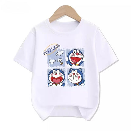 Potdemiel Summer New Doraemon Print Children's Pure Cotton T-Shirt, Boys and Girls Comfortable and Breathable Kids' T-Shirt