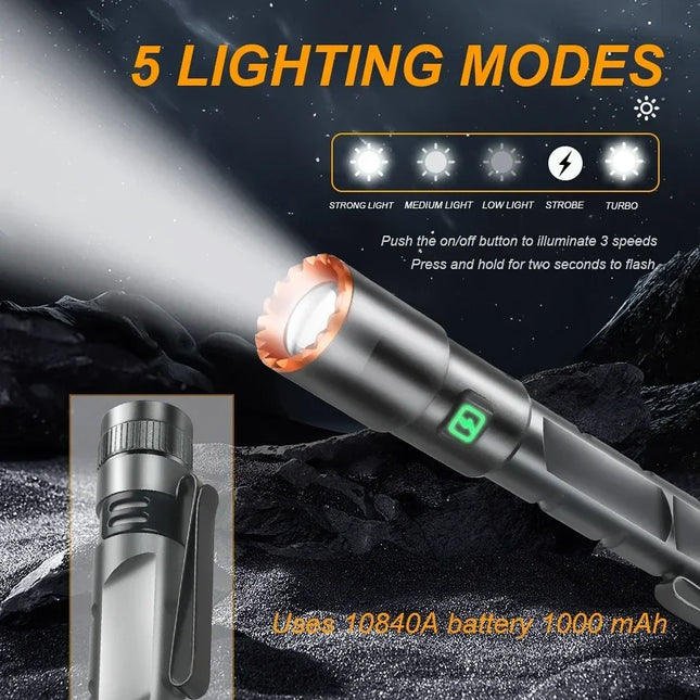 Mini Portable LED Flashlight Built-in Battery Torch With Pen Clip Tail Magnet USB Rechargeable Outdoor Camping Fishing Lantern