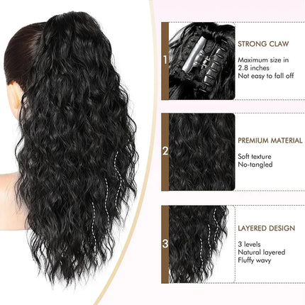 Synthetic Claw Long Wavy Ponytail Extension Black Brown 18-30" Curly Pony Tail Clip in Hair Extensions Fluffy Natural Looking