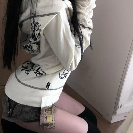 Harajuku Y2k Gothic Hooded Coat Women 2025 Autumn New Casual All-match Jackets Subcultural Japanese Black Tops Mujer Sweatshirt
