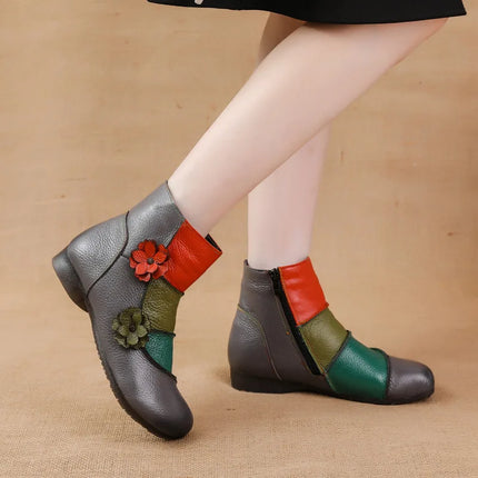 WOIZGIC Mother Women's Genuine Leather Boots Female Ankle Shoes Zipper Ethnic Style Autumn Plush Fur Warm Flower