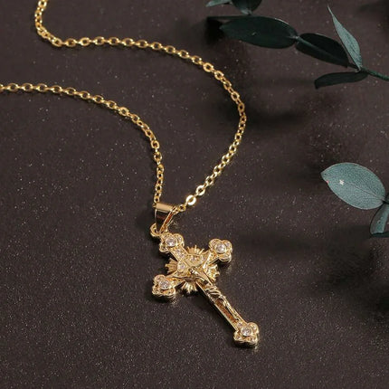 Religion Jesus Cross Pendant Necklace For Women Men Shiny Rhinestone Gold Color Chain Simple Design Hip Hop Party Jewelry