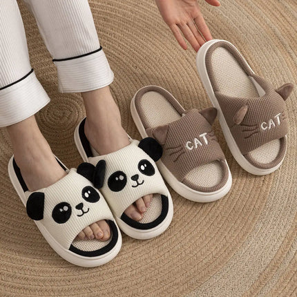 Home Slippers Panda Cat Women Summer Cute Linen Couples Indoor House Non-Slip Thick Funny Sandals Cartoon Kawaii Shoes 2025 New