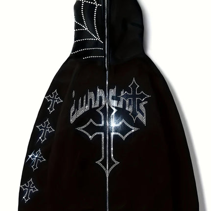 Street Tide Gothic Dark Long Sleeve Sweatshirt Ladies Casual Loose Top Y2K Fashion Hoodie Rhinestone Letter Cross Print Hoodie