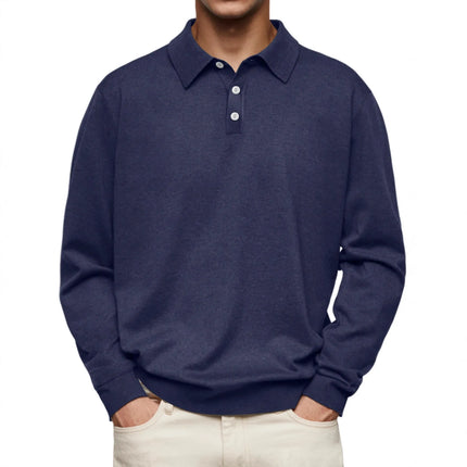 Casual Long Sleeve V-Neck Polo Shirt Men's Autumn Winter Fashion Independent Station Hit Button Leisure Top Polyester Fiber