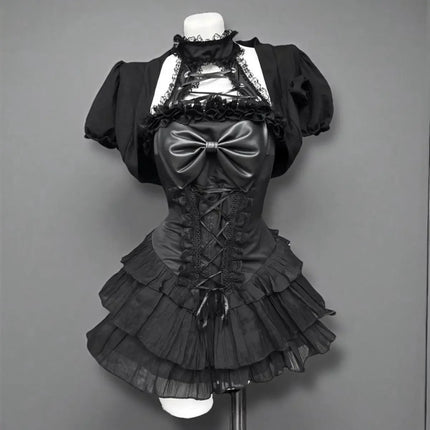 Japanese E-girl Gothic Vintage Dress Women Half High Neck Short Sleeve Bow Lace Mini Dress Cinch Waist Sweet Spicy Black Dress