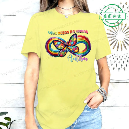 Love Needs No Words Autism Awareness T-Shirts, Infinity Butterfly Rainbow Graphic Tee, Support Neurodiversity, April Autism Gift